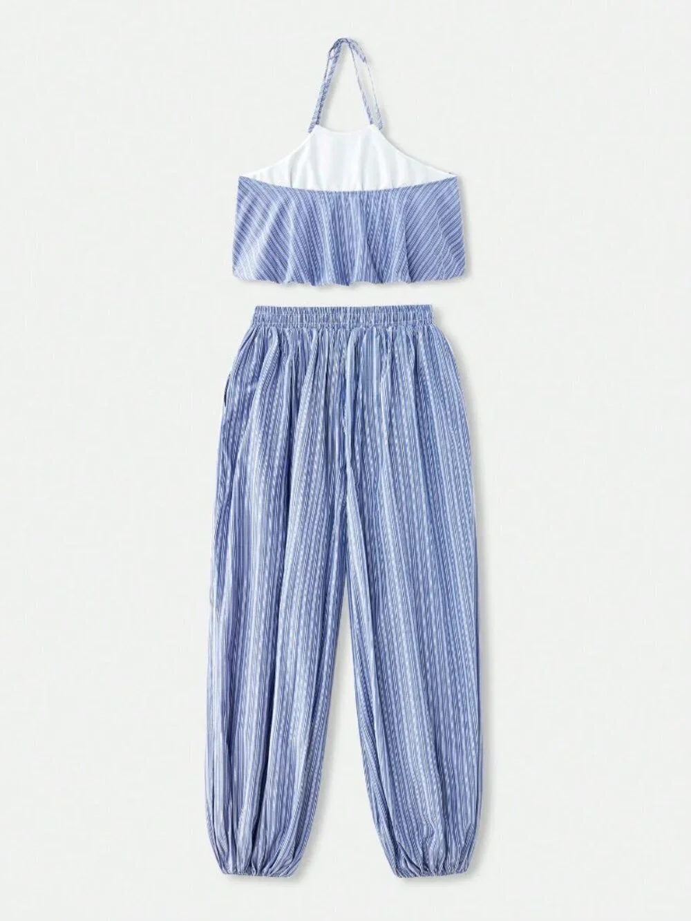 Blue Sexy Women's Matching Set Top and Pant with Halter Hem Striped Joggers
